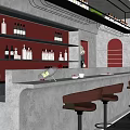 Modern Bar Interior Featuring Bar Counter Red Stools Wine Bottles And Large Bear Decor 3d model
