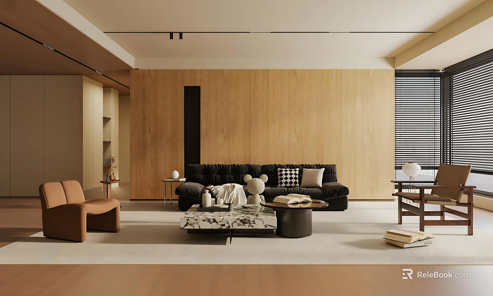 Modern Living and Dining Room Interior With Wooden Wall Sofa Coffee Table And Chairs 3d model 