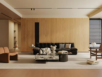 Modern Living and Dining Room Interior With Wooden Wall Sofa Coffee Table And Chairs 3d model
