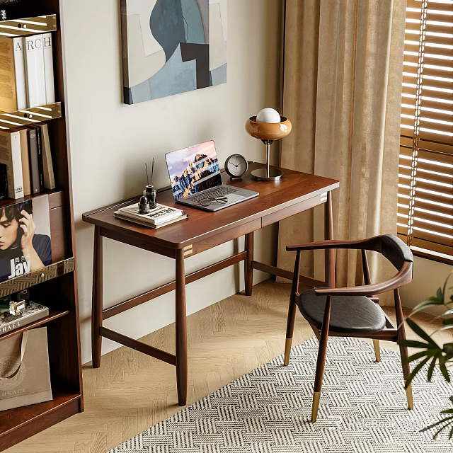 Cozy Modern Study Room Interior With Wooden Desk Laptop Table Lamp Books And Bookshelf 3d model 