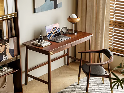 Cozy Modern Study Room Interior With Wooden Desk Laptop Table Lamp Books And Bookshelf 3d model