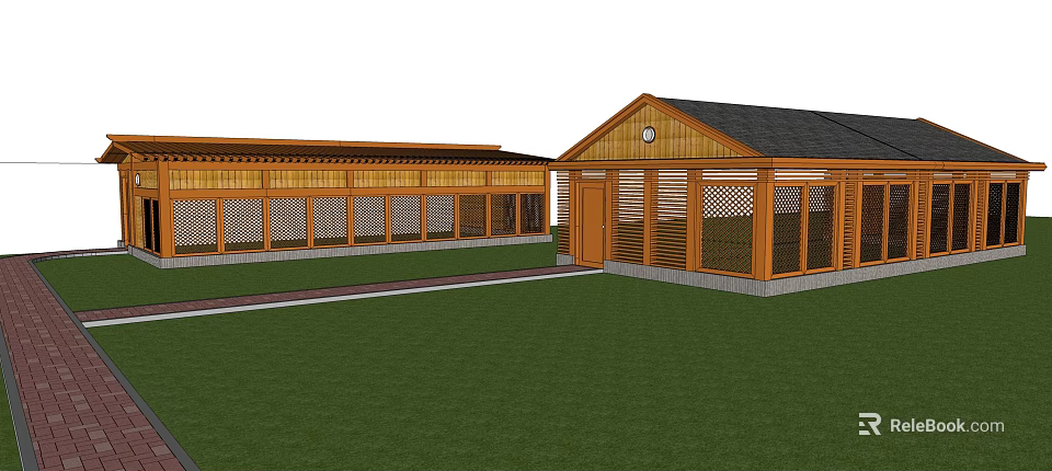 Wooden Outdoor Garden Structures With Dark Roof And Lattice Windows On Green Lawn 3d model 