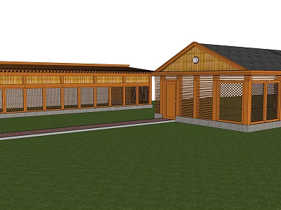 Wooden Outdoor Garden Structures With Dark Roof And Lattice Windows On Green Lawn 3d model