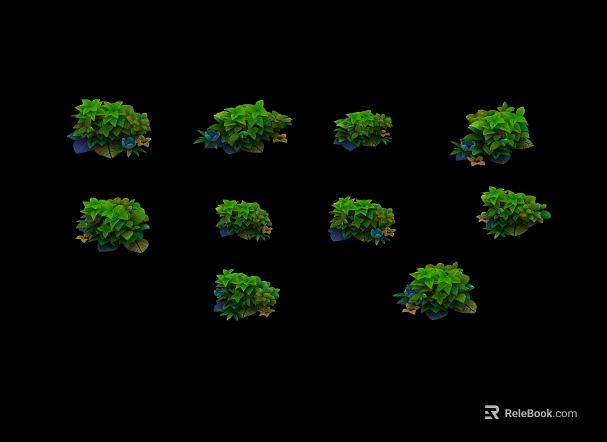 Various Green Decorative Plants With Lush Leaves And Different Shapes On Black Background 3d model 