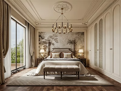 Luxurious Bedroom Interior with Ornate Ceiling Chandelier Upholstered Bed and Decorative Wall Art 3d model