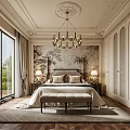 Luxurious Bedroom Interior with Ornate Ceiling Chandelier Upholstered Bed and Decorative Wall Art
