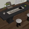 Modern Tea Table and Chairs Featuring Black Tabletop Tea Set Small Stools and Green Plant 3d model