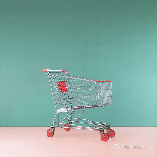 Public Facility Shopping Cart with Metal Frame Red Handles Red Wheels and Green Background 3d model 