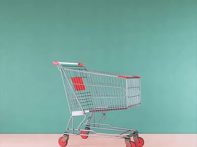 Public Facility Shopping Cart with Metal Frame Red Handles Red Wheels and Green Background 3d model
