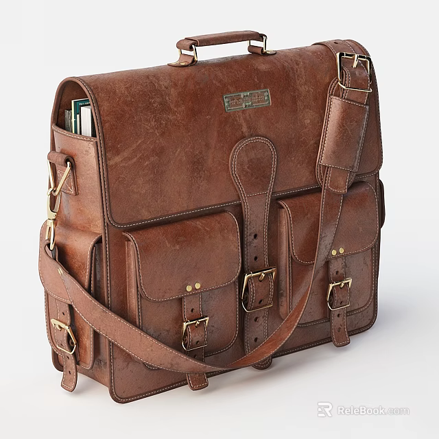 Vintage Brown Leather Briefcase With Multiple Pockets 3d model 