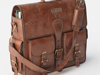Vintage Brown Leather Briefcase With Multiple Pockets 3d model