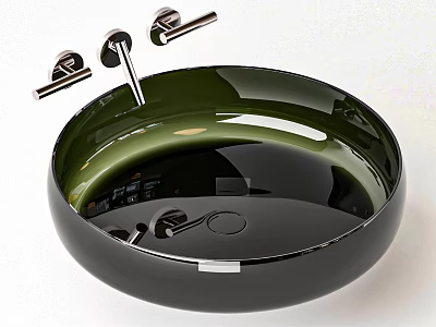 Modern Round Dark Green And Black Glass Washbasin With Faucet And Handles 3d model