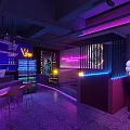 Stylish Bar Interior With Neon Lighting Purple Hue Sofa Area Plants Large Windows Night View