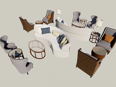 Modern Sofa Coffee Table Combination With Armchairs Decorative Pillows And Table Lamps 3d model