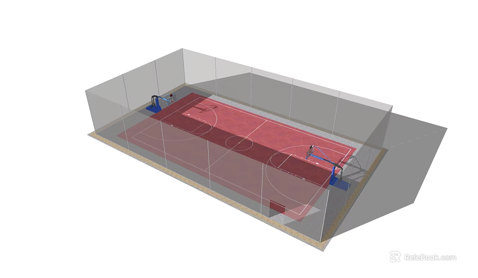 Indoor Basketball Court With Red Surface Transparent Walls And Standard Hoops 3d model 