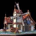 Cartoon Village Scene With Red Roof Windmill Grass Lawn Steps And Tables
