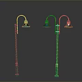 Green Street Lamps With Curved Arms And Green Shades On Lamp Posts