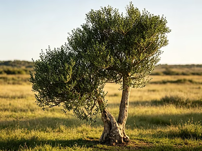 Olive Tree With Gnarled Trunk And Lush Green Canopy In Open Grassland Under Natural Sunlight 3d model