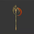 Ornate Gothic Weapon with Long Handle and Red Crescent Blade Metallic Structure and Decorative Details