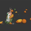 Orange Slices Splashing Juice With Open Drink Can Ice Cubes Mint Leaves On Black Background