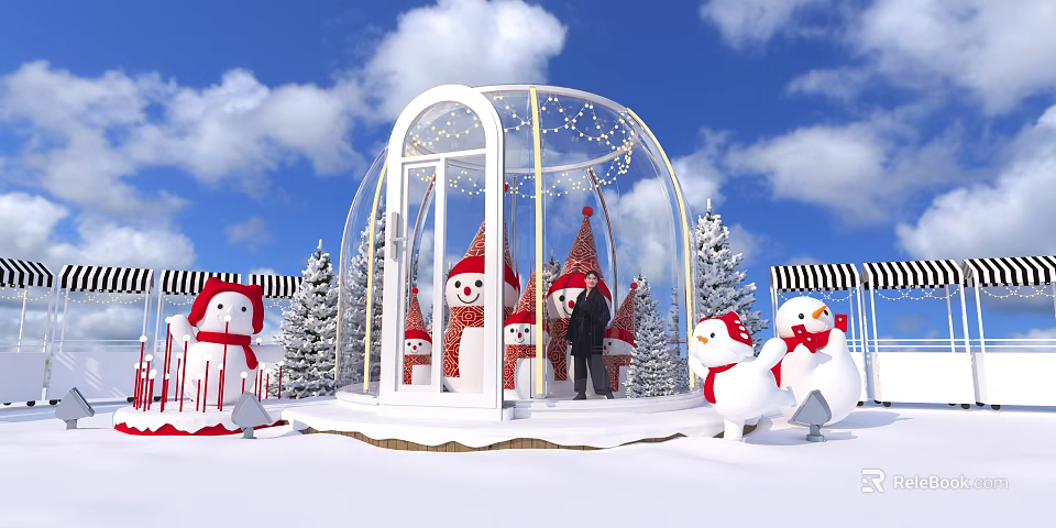 Festive Photo Spot With Glass Dome Snowmen Red Santa Hats Christmas Trees And Blue Sky 3d model 