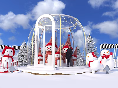 Festive Photo Spot With Glass Dome Snowmen Red Santa Hats Christmas Trees And Blue Sky 3d model