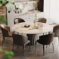 Elegant Modern Round Dining Table Set with Marble Top and Six Upholstered Chairs 3d model