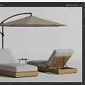 Outdoor Wooden Frame Lounge Chairs With Gray Cushions Beige Parasol And Small Side Table