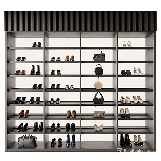 Modern Shoe Cabinet with Multiple Shelves Holding Various Shoes and Bags 3d model 