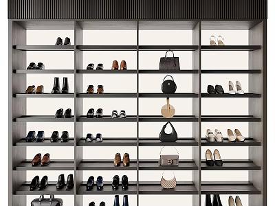 Modern Shoe Cabinet with Multiple Shelves Holding Various Shoes and Bags 3d model