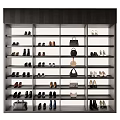 Modern Shoe Cabinet with Multiple Shelves Holding Various Shoes and Bags