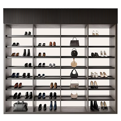 Modern Shoe Cabinet with Multiple Shelves Holding Various Shoes and Bags 3d model