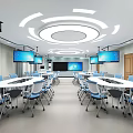School Modern Classroom With White Tables Blue Chairs Circular Lights And Large Screens