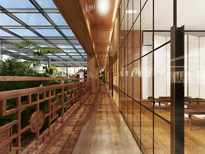 Modern Elevator Hallway Interior With Wooden Flooring Glass Walls And Green Plants 3d model