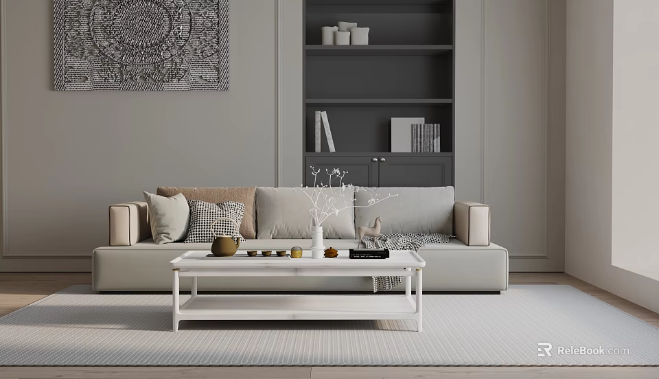 Light Gray Three Seater Sofa With Decorative Pillows White Coffee Table And Wall Tapestry 3d model 