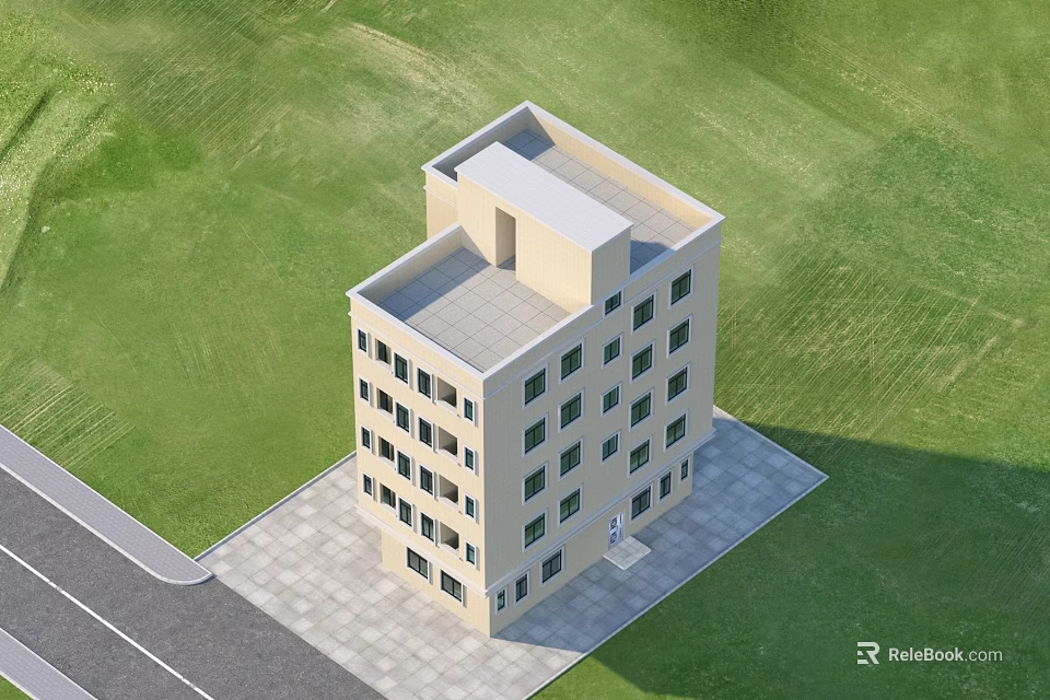 Beige Exterior Detached Villa With Green Lawn Paved Area And Roadside 3d model 
