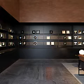 Modern Clubhouse Interior With Black Wall Shelves Decorative Items Dark Flooring Sofa And Round Lamp