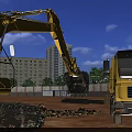 Yellow Construction Utility Vehicles Excavator And Truck Loading Materials At Urban Site