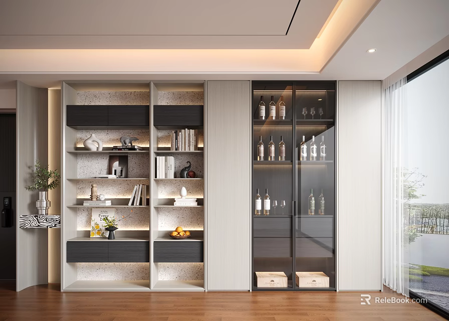 Modern Decorative Cabinet Interior Design With Open Shelves Glass Doors And Decorative Items 3d model 