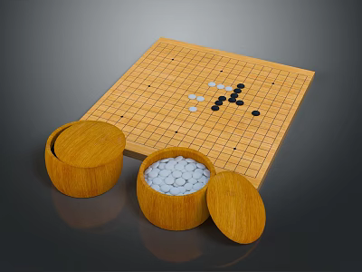 Traditional Household Go Game Set With Wooden Board And Lidded Stone Containers 3d model