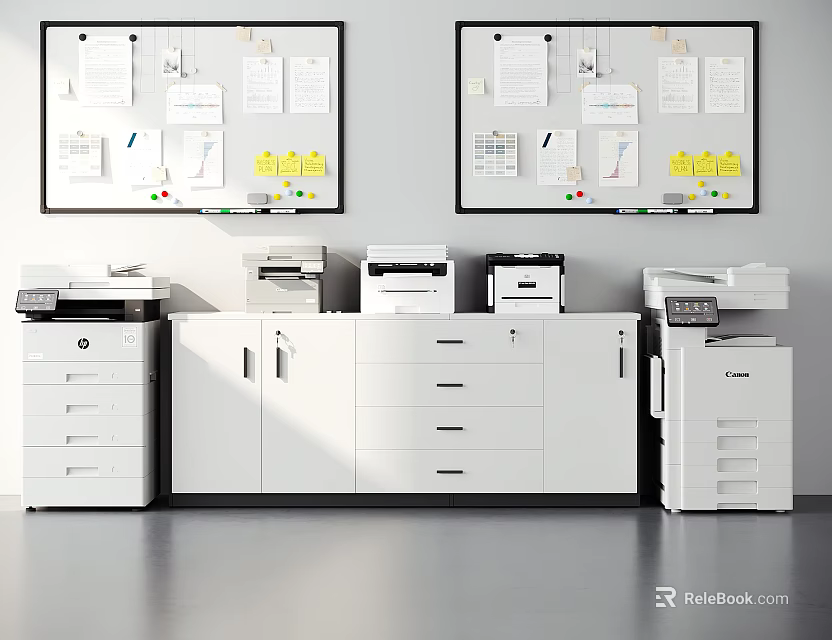 Organized Office Workspace With Bulletin Boards Documents Printers And Filing Cabinets 3d model 