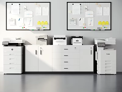 Organized Office Workspace With Bulletin Boards Documents Printers And Filing Cabinets 3d model