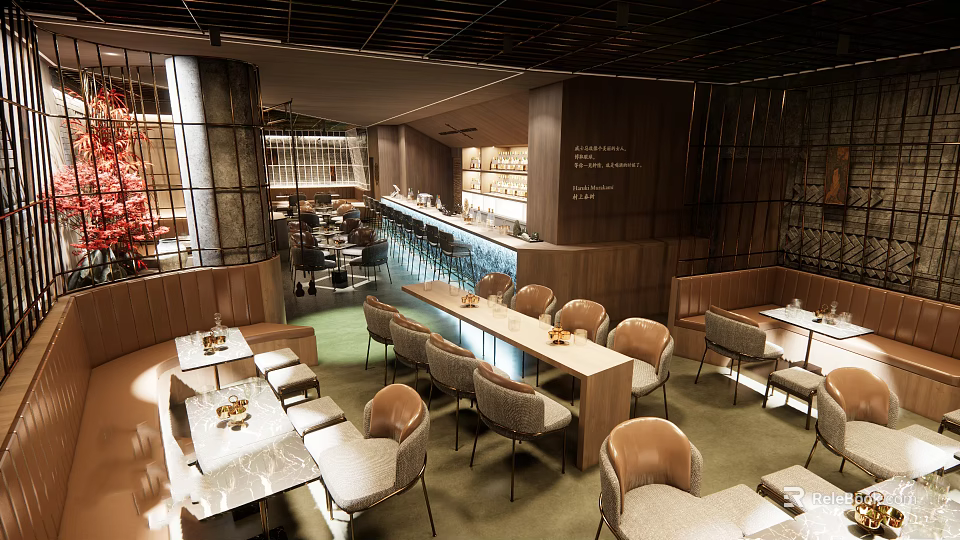 Modern Bar Interior With Wooden Counter Cozy Seating And Dining Tables 3d model 