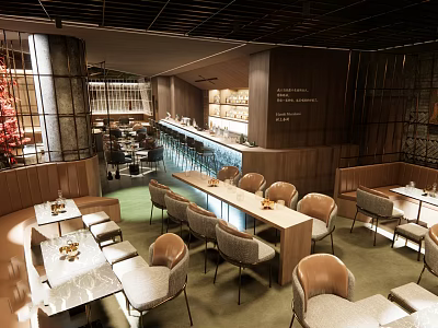 Modern Bar Interior With Wooden Counter Cozy Seating And Dining Tables 3d model
