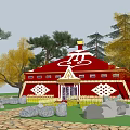 Red Traditional Yurt With White Patterns Trees Stone Path And Green Grass