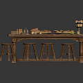 Rustic Wooden Dining Table With Four Matching Stools And Food 3d model