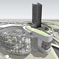Modern Office Building With Tall Tower And Surrounding Green Spaces And Roads