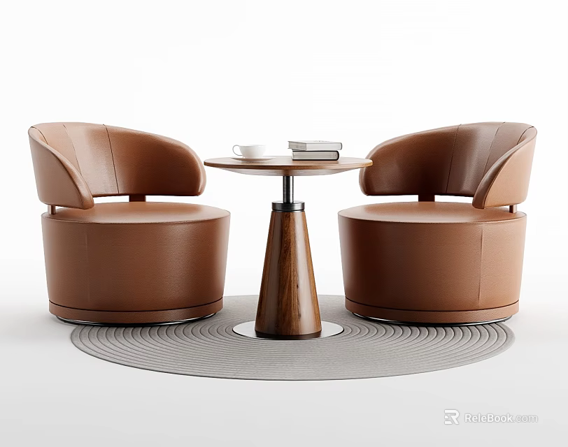 Modern Round Table With Brown Leather Chairs Books Cup And Gray Rug 3d model 