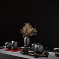 Elegant Tea Set Display With Teapot Teacups Red Tray And Dried Flowers Vase 3d model