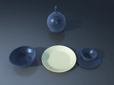 Minimalist Ceramic Tableware Collection With Blue Teapot Bowls And Cream Plate 3d model